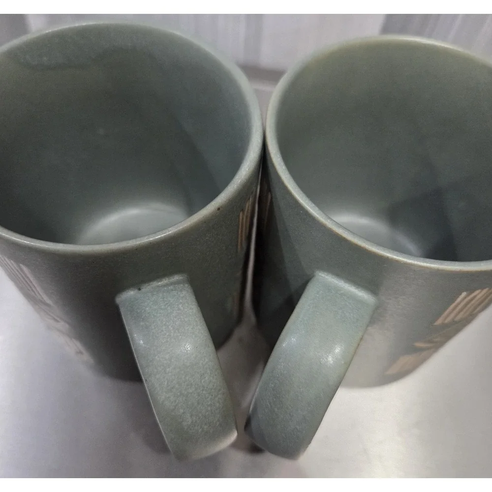 Pottery Barn Set Of 3‎ Vintage Aztec Graffito Bongo Green Mugs